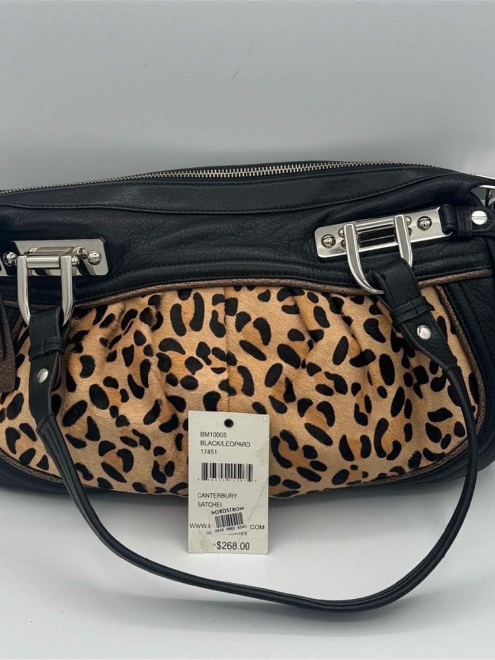 b. makowsky Cantebury Leather Satchel Shoulder Bag with Leopard Print Calf Hair